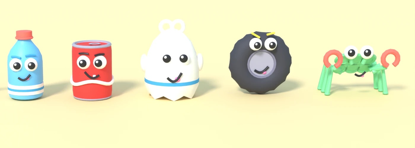 The game's enemies: a plastic bottle, a soda can, a plastic bag, a tyre and a crab, each with a cartoon face