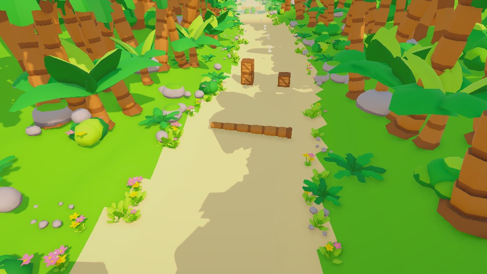 In-game view: a sandy path through a lush palm forest with flowers, rocks and crates